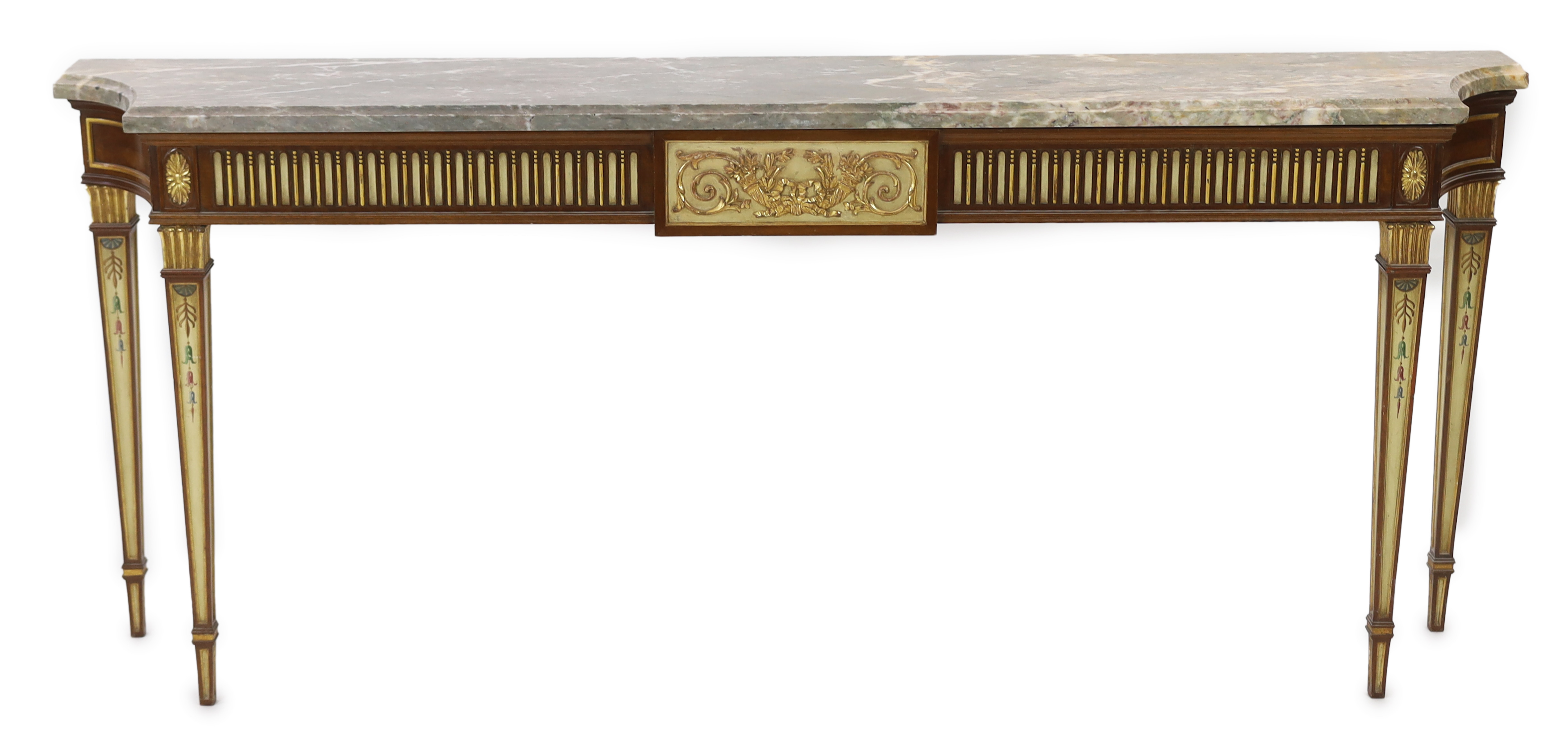 An early 20th century Adam revival part painted and gilt mahogany console table